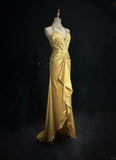 Niulatu Yellow Halter Sheath Satin Long Prom Dresses Vintage Formal Evening Gowns HZ1103