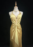 Niulatu Yellow Halter Sheath Satin Long Prom Dresses Vintage Formal Evening Gowns HZ1103