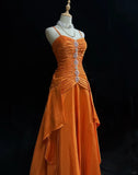Niulatu Orange Spaghetti Straps A-Line Satin Long Prom Dresses Formal Evening Gowns with Pleats HZ1103