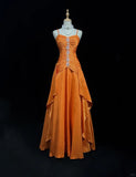 Niulatu Orange Spaghetti Straps A-Line Satin Long Prom Dresses Formal Evening Gowns with Pleats HZ1103