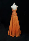 Niulatu Orange Spaghetti Straps A-Line Satin Long Prom Dresses Formal Evening Gowns with Pleats HZ1103
