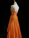 Niulatu Orange Spaghetti Straps A-Line Satin Long Prom Dresses Formal Evening Gowns with Pleats HZ1103