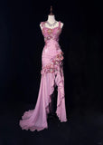 Niulatu Mauve Square Neck Mermaid Chiffon Applique Long Prom Dresses Vintage Formal Evening Gowns HZ1103