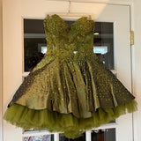 Niulatu Dark Olive Green Sweetheart Neck A-Line Satin Tulle Short Prom Dresses Homecoming Dresses HZ1103