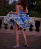 Niulatu Blue Strapless A-Line Satin Lace Short Prom Dress Homecoming Dress HZ1103