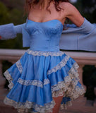 Niulatu Blue Strapless A-Line Satin Lace Short Prom Dress Homecoming Dress HZ1103