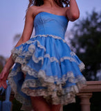 Niulatu Blue Strapless A-Line Satin Lace Short Prom Dress Homecoming Dress HZ1103