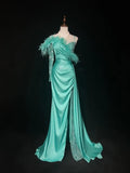 Niulatu Blue Satin Asymmetric Neck Mermaid Satin Long Prom Dress Formal Evening Gowns with Slits HZ1103