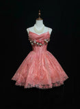 Niulatu Hot Pink Spaghetti Strap A-Line Tulle Satin Short Prom Dress Homecoming Dress with Beading HZ1103
