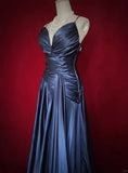 Niulatu Navy Blue Spaghetti Straps A-Line Satin Long Prom Dress Formal Evening Gowns with Pleats HZ1103