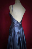 Niulatu Navy Blue Spaghetti Straps A-Line Satin Long Prom Dress Formal Evening Gowns with Pleats HZ1103