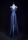 Niulatu Navy Blue Spaghetti Straps A-Line Satin Long Prom Dress Formal Evening Gowns with Pleats HZ1103