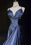 Niulatu Navy Blue Spaghetti Straps A-Line Satin Long Prom Dress Formal Evening Gowns with Pleats HZ1103