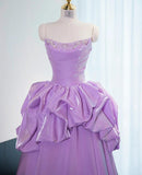Niulatu Strapless Purple A-Line Satin Long Prom Dress Formal Evening Gowns HZ1103