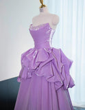 Niulatu Strapless Purple A-Line Satin Long Prom Dress Formal Evening Gowns HZ1103