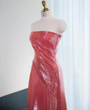Niulatu Hot Pink Strapless A-Line Shiny Satin Long Prom Dress Formal Evening Gowns HZ1103