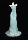 Niulatu Tiffany Blue Strapless Mermaid Satin Beaded Long Prom Dress Formal Evening Gowns HZ1103