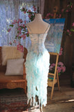 Niulatu Light Blue Spaghetti Straps Sheath Printed Chiffon Prom Dress Sweet Evening Gowns with Ruffles HZ1103