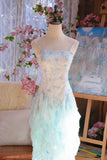 Niulatu Light Blue Spaghetti Straps Sheath Printed Chiffon Prom Dress Sweet Evening Gowns with Ruffles HZ1103