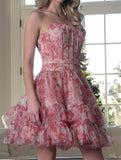 Niulatu Blue Strapless A-Line Printed Tulle Short Prom Dresses Homecoming Dress HZ1103
