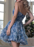 Niulatu Blue Strapless A-Line Printed Tulle Short Prom Dresses Homecoming Dress HZ1103