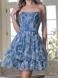 Niulatu Blue Strapless A-Line Printed Tulle Short Prom Dresses Homecoming Dress HZ1103