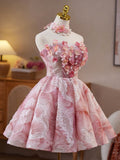 Niulatu Pink Strapless A-Line Sequined Tulle Short Prom Dresses Homecoming Dress HZ1103