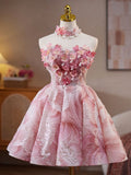 Niulatu Pink Strapless A-Line Sequined Tulle Short Prom Dresses Homecoming Dress HZ1103
