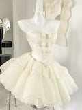 Niulatu Off-White Strapless A-Line Tulle Short Prom Dresses Homecoming Dress HZ1103