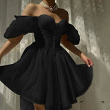 Niulatu White Off Shoulder A-Line Tulle Short Prom Dresses Homecoming Dress HZ1103
