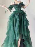 Niulatu Forest Green Halter Neck A-Line Tulle Hi-Lo Long Prom Dresses Formal Evening Gowns HZ1103