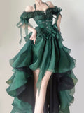 Niulatu Forest Green Halter Neck A-Line Tulle Hi-Lo Long Prom Dresses Formal Evening Gowns HZ1103