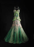 Niulatu Green Spaghetti Straps Mermaid Beaded Tulle Long Prom Dresses Vintage Lace Evening Gowns HZ1103