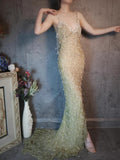 Niulatu Spaghetti Straps Sheath Beaded Chiffon Long Prom Dresses Elegant Formal Evening Gowns with 3D Appliques HZ1103