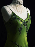 Niulatu Green Spaghetti Straps Sheath Beaded Chiffon Long Prom Dresses with Slits HZ1103