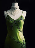 Niulatu Green Spaghetti Straps Sheath Beaded Chiffon Long Prom Dresses with Slits HZ1103