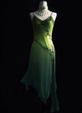 Niulatu Green Spaghetti Straps Sheath Beaded Chiffon Long Prom Dresses with Slits HZ1103