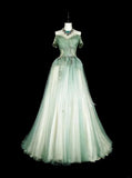 Niulatu Green Off Shoulder A-Line Tulle Long Prom Dresses Formal Evening Gowns HZ1103