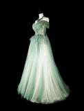 Niulatu Green Off Shoulder A-Line Tulle Long Prom Dresses Formal Evening Gowns HZ1103