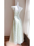 Niulatu Light Green Spaghetti Straps A-Line Tulle Long Prom Dresses Formal Evening Gowns HZ1103