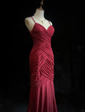 Niulatu Red Spaghetti Straps Mermaid Chiffon Long Prom Dresses Formal Evening Gowns HZ1103