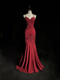 Niulatu Red Spaghetti Straps Mermaid Chiffon Long Prom Dresses Formal Evening Gowns HZ1103