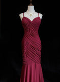 Niulatu Red Spaghetti Straps Mermaid Chiffon Long Prom Dresses Formal Evening Gowns HZ1103