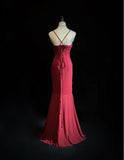 Niulatu Red Spaghetti Straps Mermaid Chiffon Long Prom Dresses Formal Evening Gowns HZ1103