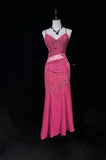 Niulatu Pink Spaghetti Straps Sheath Beaded Chiffon Prom Dresses Formal Evening Gowns HZ1103