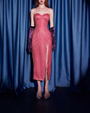 Niulatu Strapless Hot Pink Sheath Satin Prom Dresses Formal Evening Gowns HZ1103