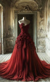 Niulatu Strapless Red A-Line Tulle Appliques Long Prom Dresses Formal Evening Gowns HZ1103