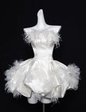 Niulatu White Strapless A-Line Satin Short Prom Dresses Homecoming Dress HZ1103