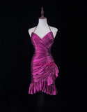 Niulatu Fuchsia Spaghetti Straps Bodycon Satin Short Prom Dresses Vintage Homecoming Dress HZ1103