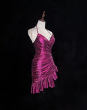 Niulatu Fuchsia Spaghetti Straps Bodycon Satin Short Prom Dresses Vintage Homecoming Dress HZ1103